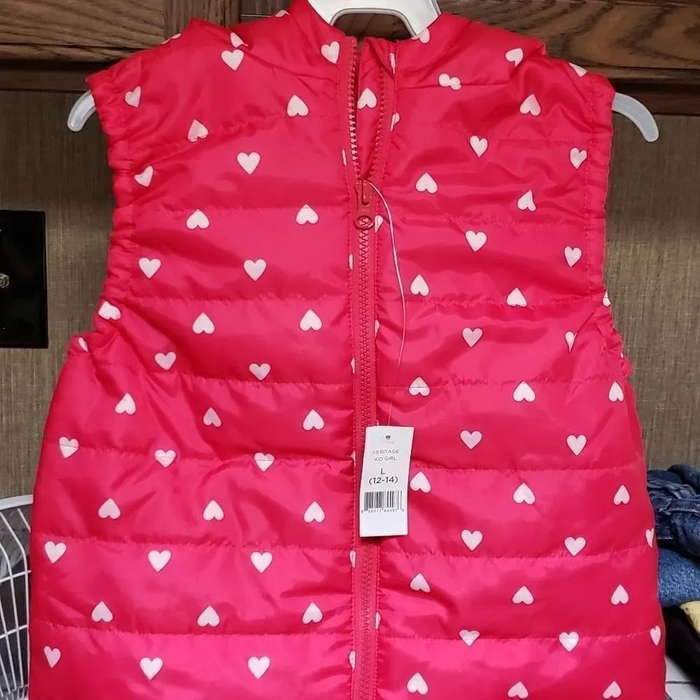 Girls Pink Lightweight Hooded Vest w/ White Hearts Sz L (12-14)